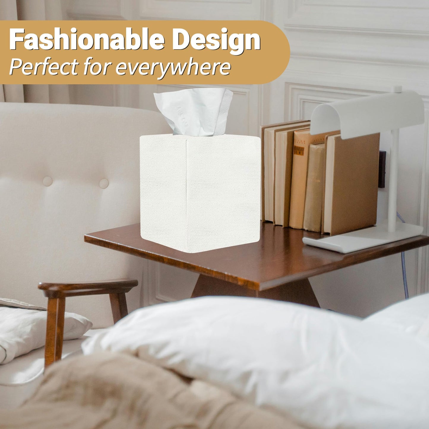 Tissue Box Cover, Cute White Linen Fabric Decorative Square Tissue Box Holder/Organizer for Bathroom Vanity Countertop/Office/Nightstand/Desk