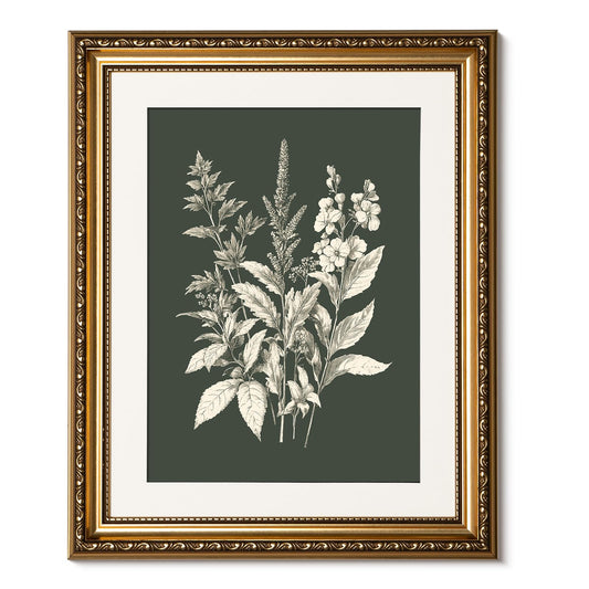 ARPEOTCY Gold Framed Canvas Wall Art, Botanical Floral Illustration Art Prints, Modern Minimalist Plant Decor for Living Dining Room Hallway Office, Dark Green Vintage Cottage Decor, 13x16 Inch