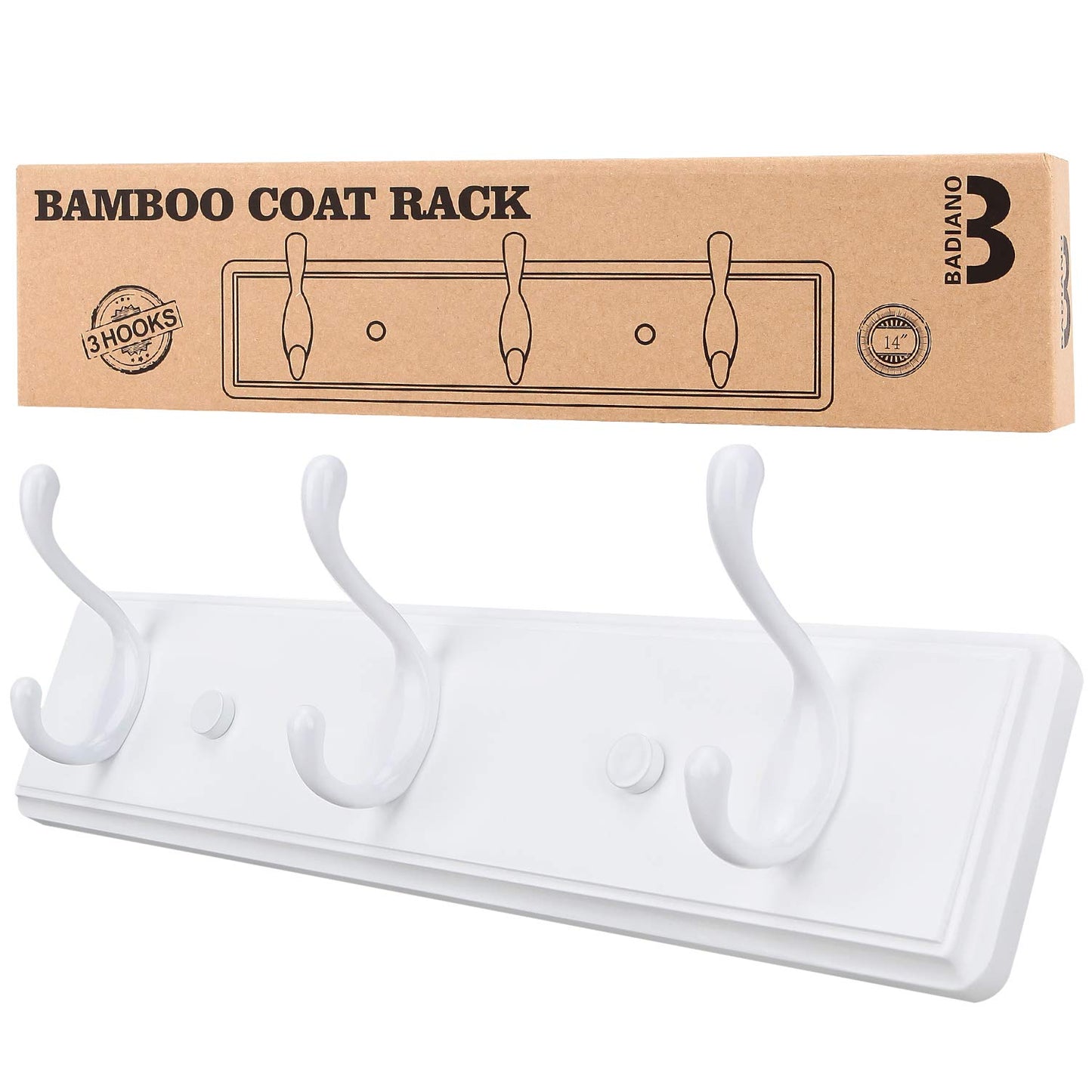 Badiano Wooden Coat Rack, Wall-Mounted Organizer for Closet, Entryway, Hallway, Foyer, Bedroom, Heavy Duty Double Hooks for Hanging Towels, Bags, Hats, Jackets, Key (White, 3 Hooks)