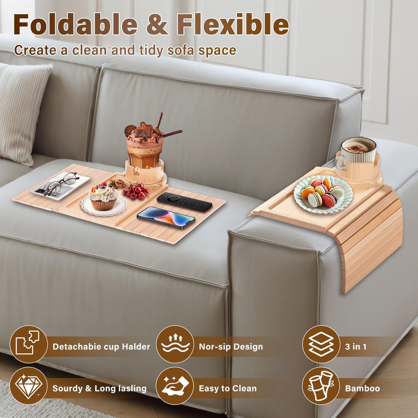Couch Cup Holder Tray, 3-in-1 Bamboo Couch Armrest Table with 360° Rotating Magnetic and Detachable Phone Holder Stand, Foldable Anti-Slip Sofa Arm Tray for Remote, Phone, Snacks and Drinks