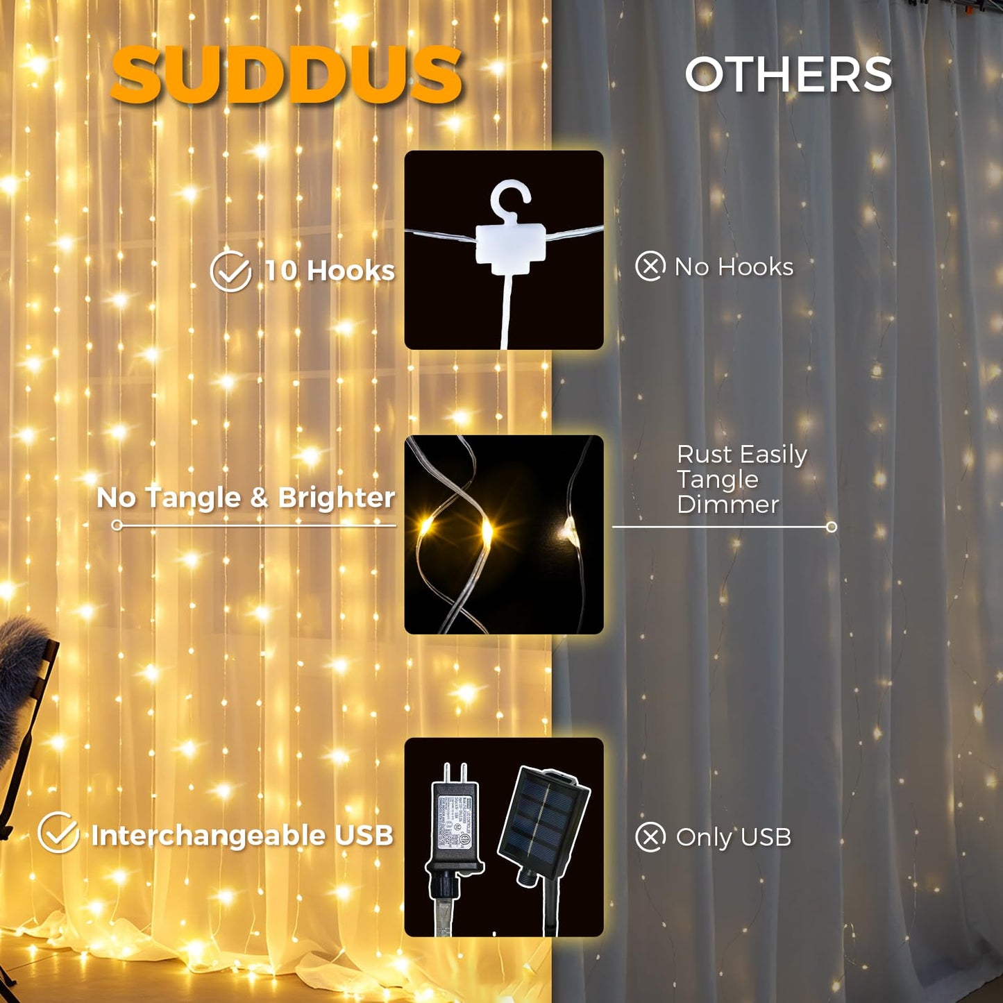 suddus Tangle-Free Curtain Lights,200 LED 6.5x6.5ft Hanging Lights with Hooks, Curtain Lights for Bedroom,Christmas, Dorm, Wall, Backdrop, Window, Wedding, Party, Birthday Decor, Warm White