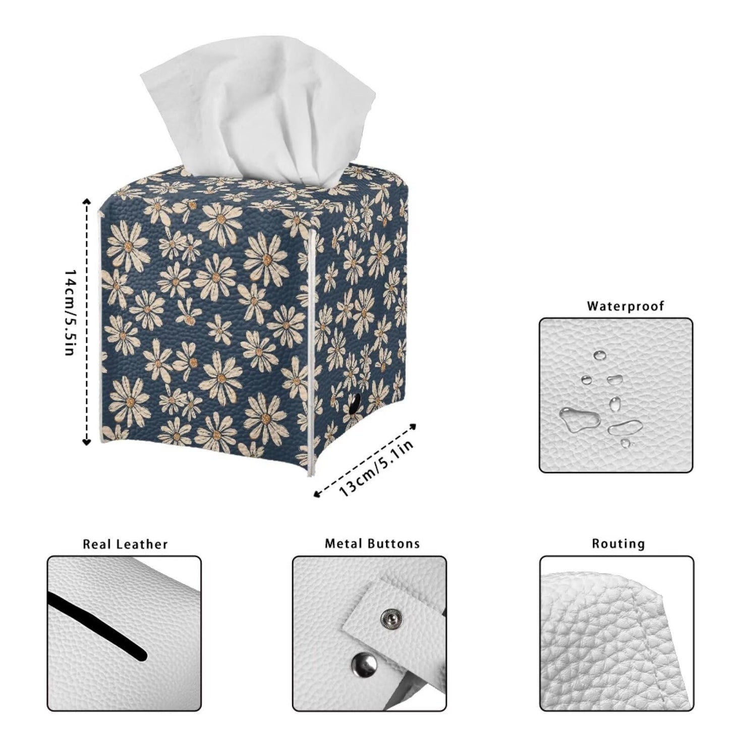 Jnoscergon Decorative Tissue Box Cover Daisy Printed Tissue Box Holder Waterproof Stain-Resistant Furniture Decor