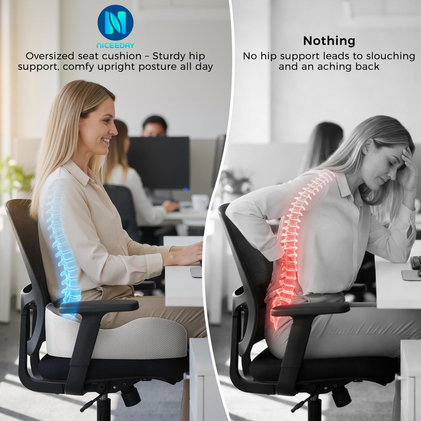 Seat Cushion for Office Chair with Adjustable Loft, Thick Memory Foam Chair Cushion for Back & Sciatica Tailbone Coccyx Pain Relief on Home Chair, Ergonomic Wheelchair Desk Pillow Hip Shaping Support