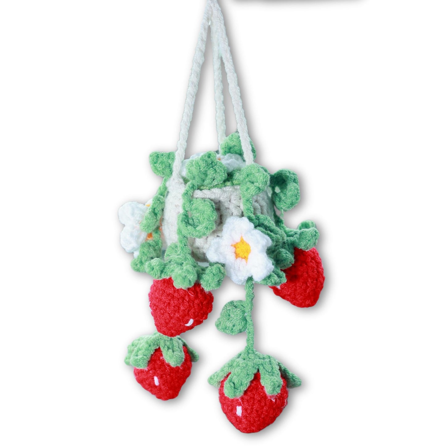 Handmade Strawberry Pot Crochet Car Hanging Ornament, for Mom, Cute Rear View Mirror Car Charm, Yarn Car Accessory for Women (Strawberry Pot)