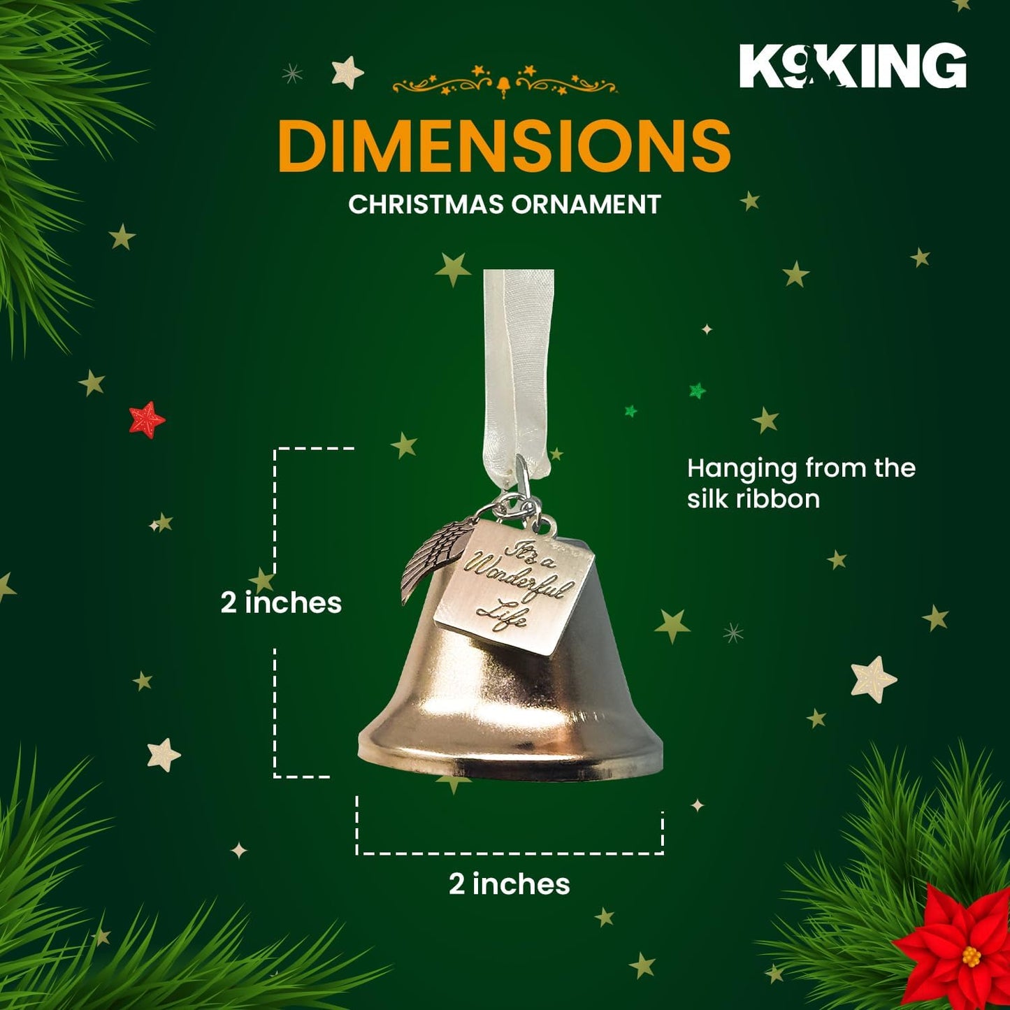 It's a Wonderful Life Inspired Christmas Angel Bell Ornament with Stainless Steel Angel Wing Charm. New Larger Size and Now Comes with 2 Interchangeable Ribbons. (Stainless Steel)