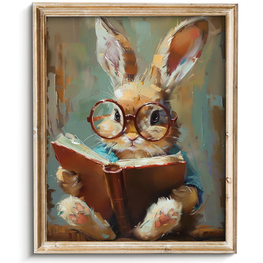 Vodefoad Cute Easter Bunny Reading Book Print Art Vintage Tiny Rabbit Big Glasses Wall Art Pring Nursery Painting Cute Animal Wall Decor Light Academia Decor Whimsical Rabbit Decor - 8x10Inch Unframe