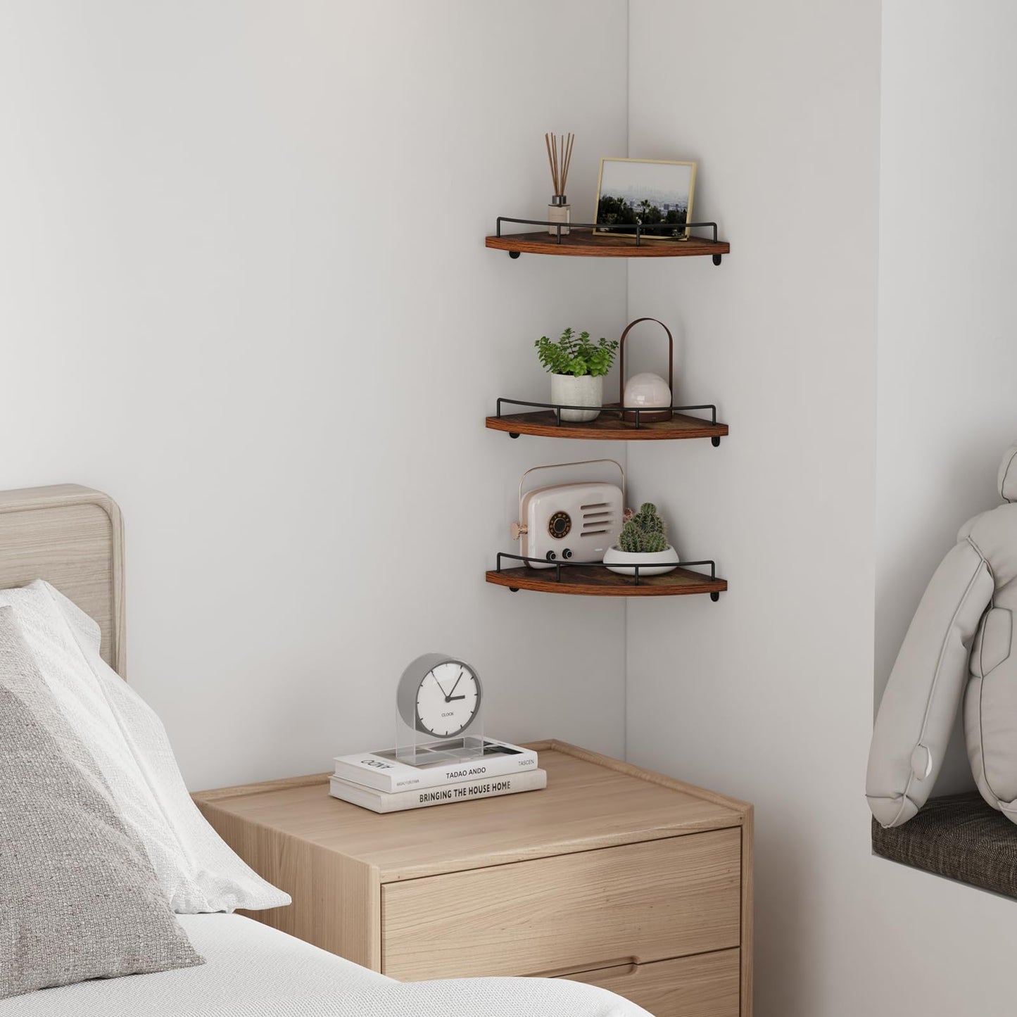 HORLIMER Floating Corner Shelf Wall Mount, Set of 3 Rustic Wood Corner Wall Shelves with Fence for Bedroom, Living Room, Bathroom, Kitchen, Brown
