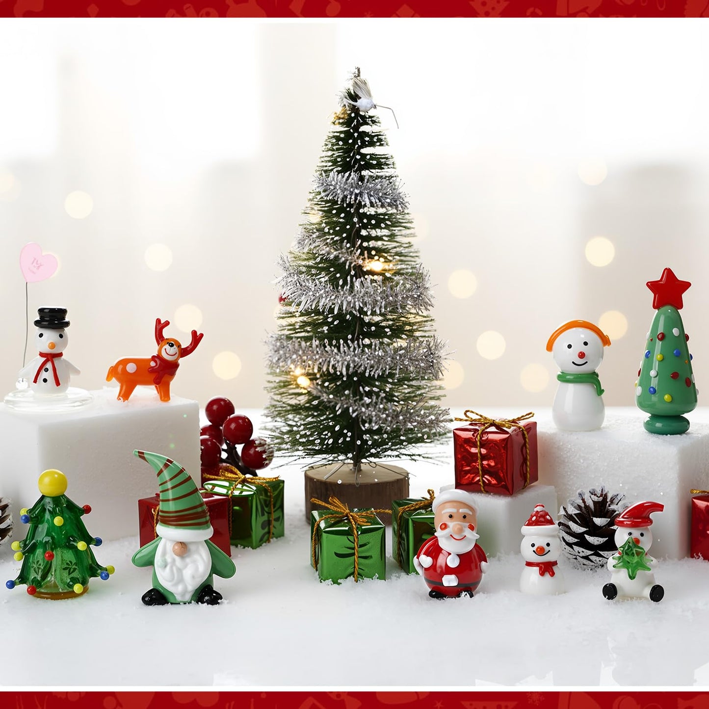 BrightRow 9 Pcs Blown Glass Christmas Tree Mini Christmas Figurines Sets Include Snowman Gnomes Reindeer Santa Claus Miniature Holiday Ornaments for Tabletop Home Decorations