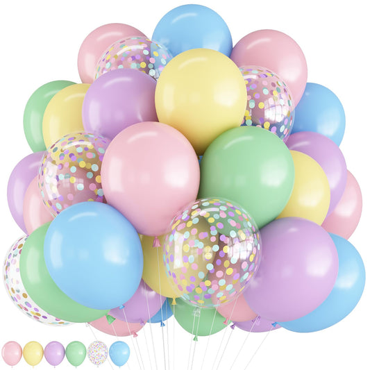 HILAVO Pastel Balloons 12 Inch Macaron Pink Blue Green Purple Yellow Pastel Rainbow Latex Balloon with Colorful Confetti Party Balloons for Easter Birthday Baby Shower Bridal Wedding Party Decoration