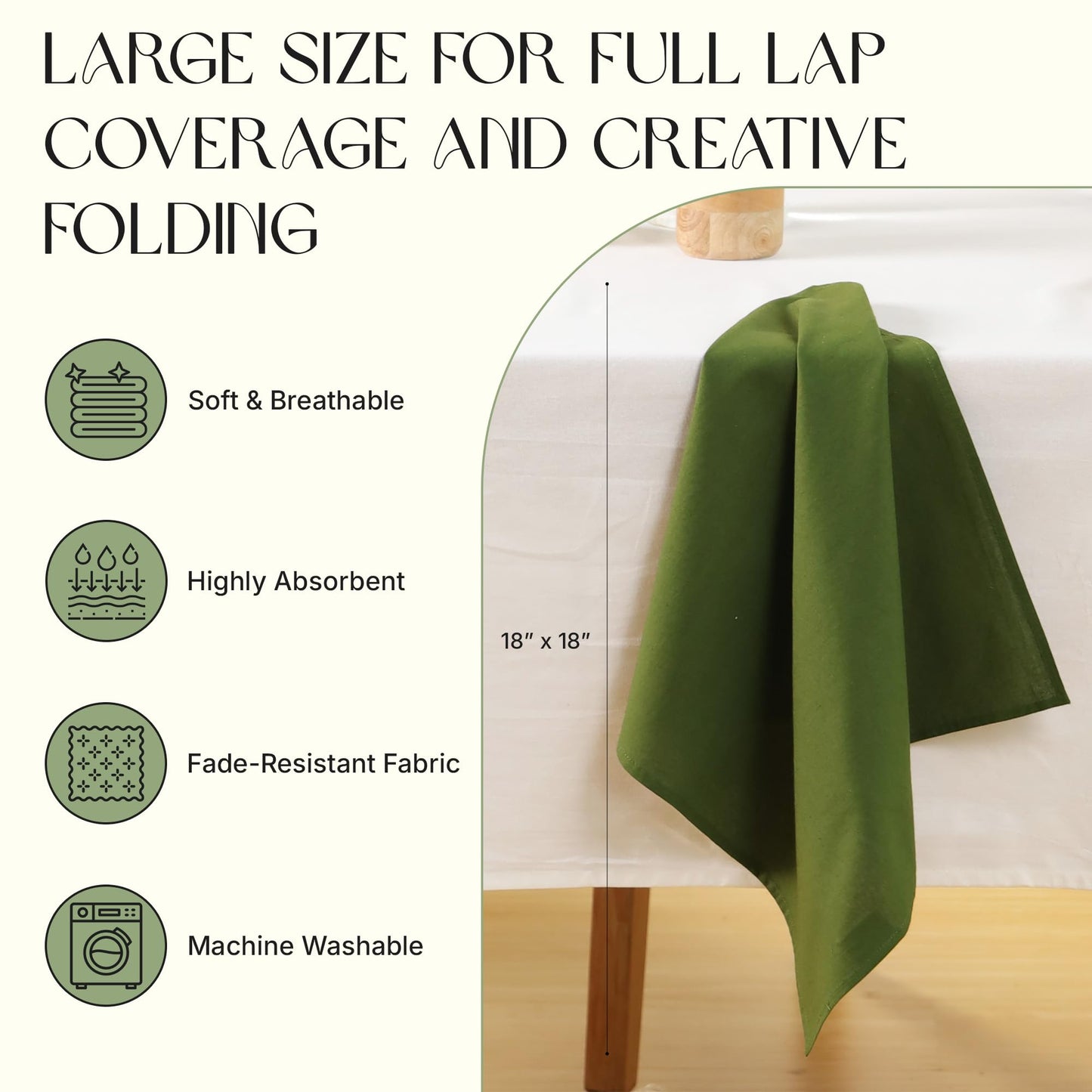 Ivy Heritage Cloth Napkins Set of 12, 100% Cotton Fabric Reusable Dinner Napkins, 18 x 18 Inch Washable Table & Kitchen Napkins for Everyday Dining, Entertaining, Home & Restaurant Use, Olive Green