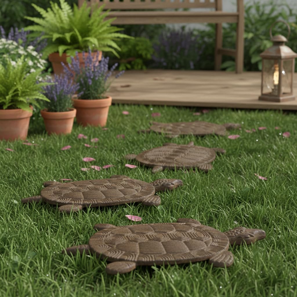 Comfy Hour 13" Heavy Duty Cast Iron Sea Turtle Stepping Stone, Decorative Metal Garden Paver for Outdoor Walkway & Yard, Weatherproof Coastal Yard Art Decor, Antique Brown (Light Brown)