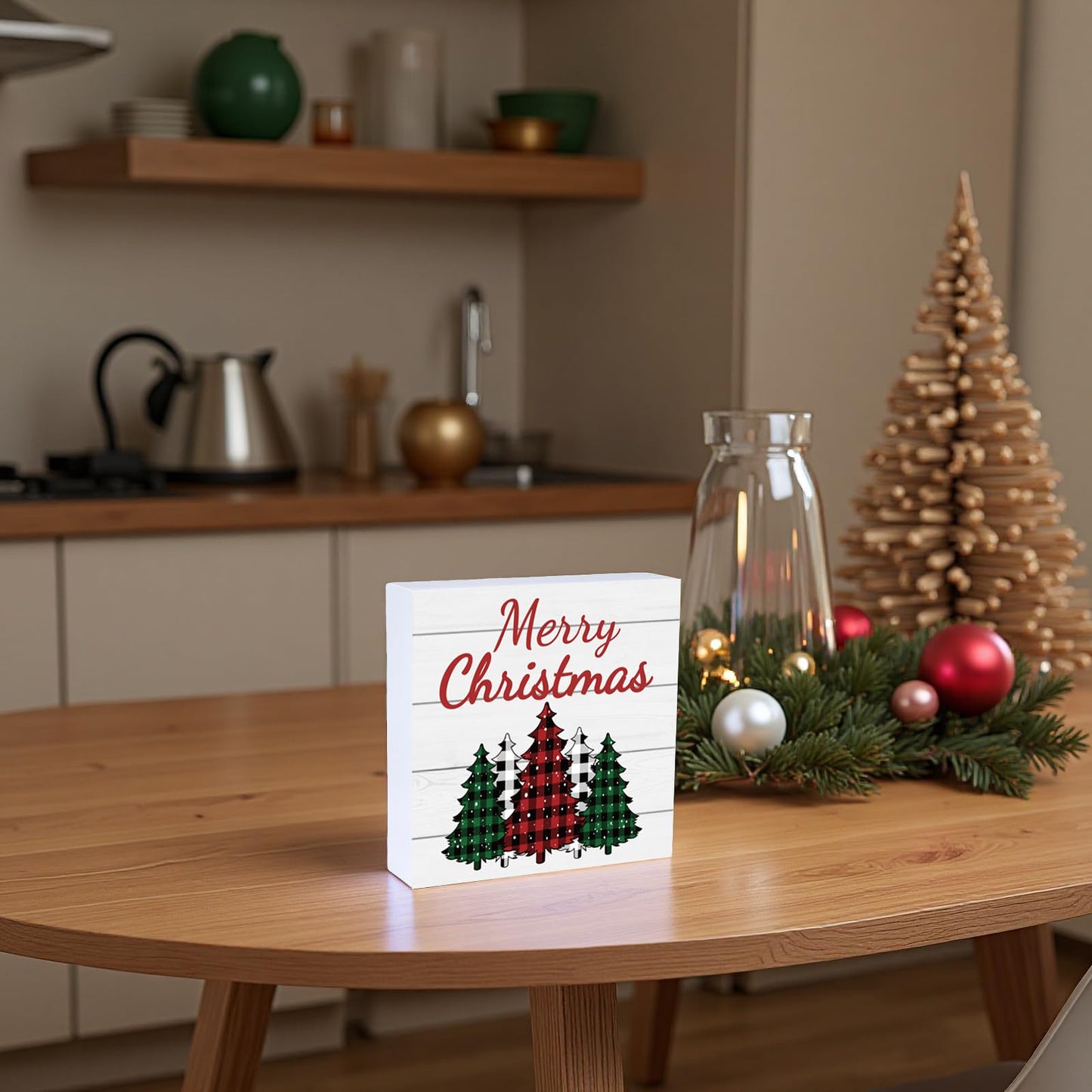 Christmas Decorations Indoor Christmas Decor Table Home Room Buffalo Plaid Tree Office Bathroom Wood Box Sign Rustic Wooden Shelf Desk Decor Season Sign House Warming Gifts 5.9 x 5.9 Inch
