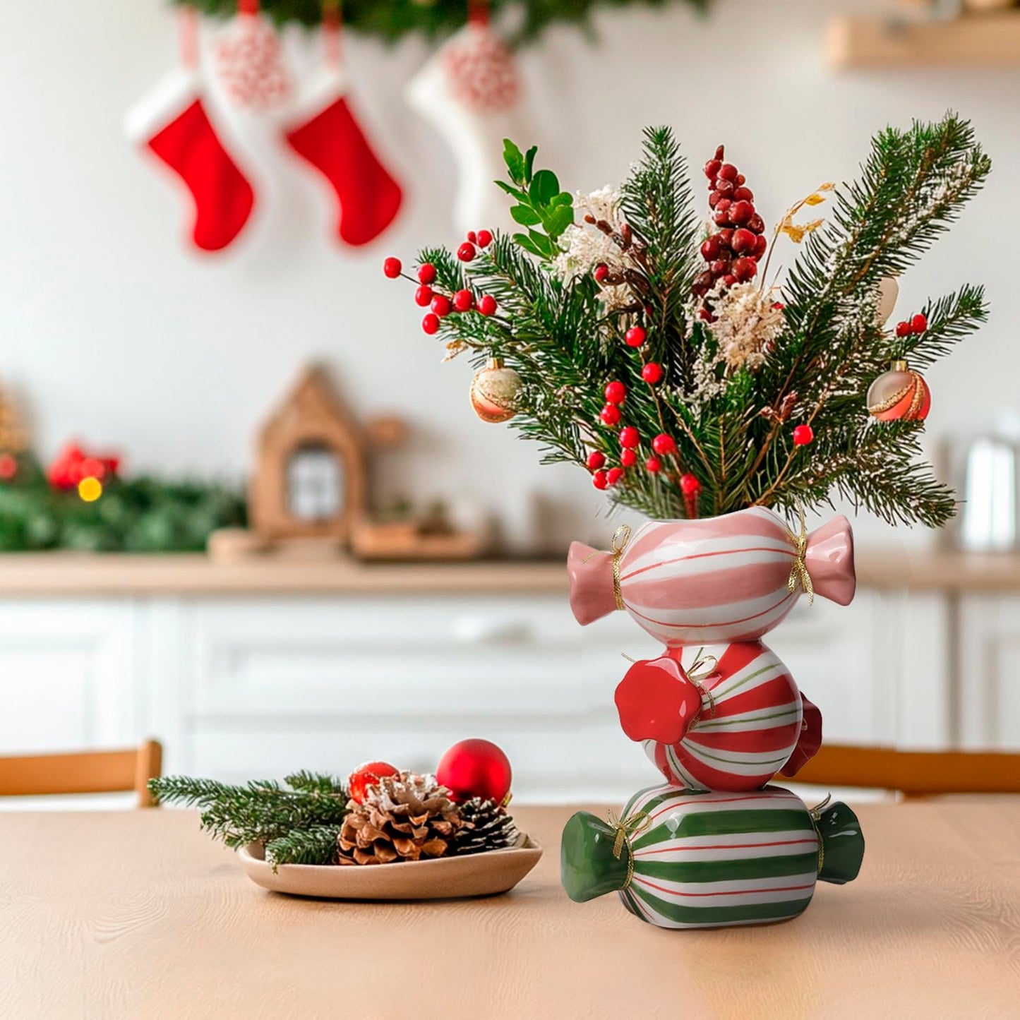 DIF DECO Unique Ceramic Vase,Candy Shape Aesthetic Vase Cute Christmas Decorative Flower Vase 9.88 Inch Modern Funny Vase for Home/Holiday/Weddings/Party Table Flower Decor