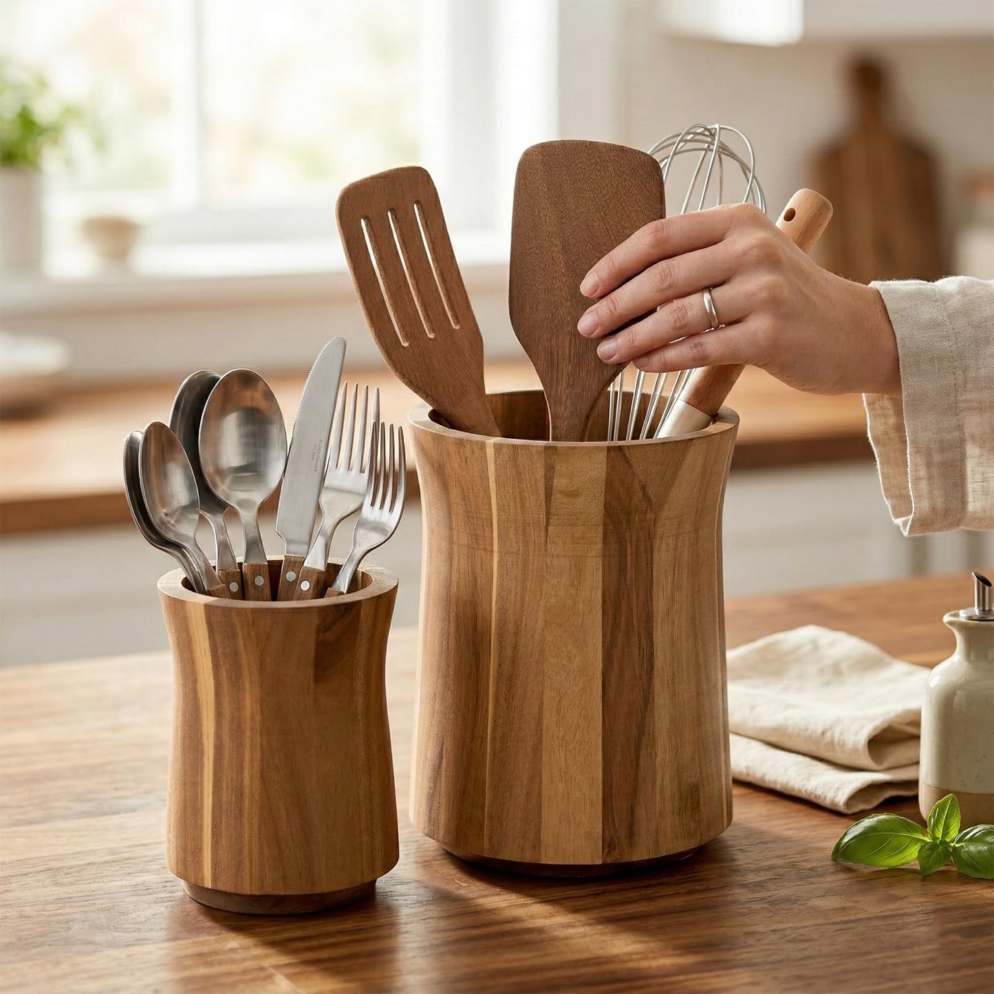 KongTiva 2 Pcs Wooden Utensil Holder for Kitchen Counter, 360° Rotating Kitchen Utensil Holder 7.3" & 6" Large Cooking Utensil Crocks for Countertop Spatula Storage Farmhouse Kitchen Decor