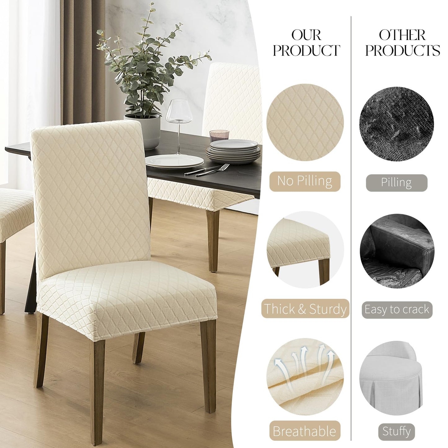 MOSAYT 100% Waterproof Dining Room Chair Covers Set of 6, Super Fit Stretch Jacquard Parson Chairs Slipcovers Removable Washable Chair Seat Protectors for Home, Kitchen, Banquet (Beige)