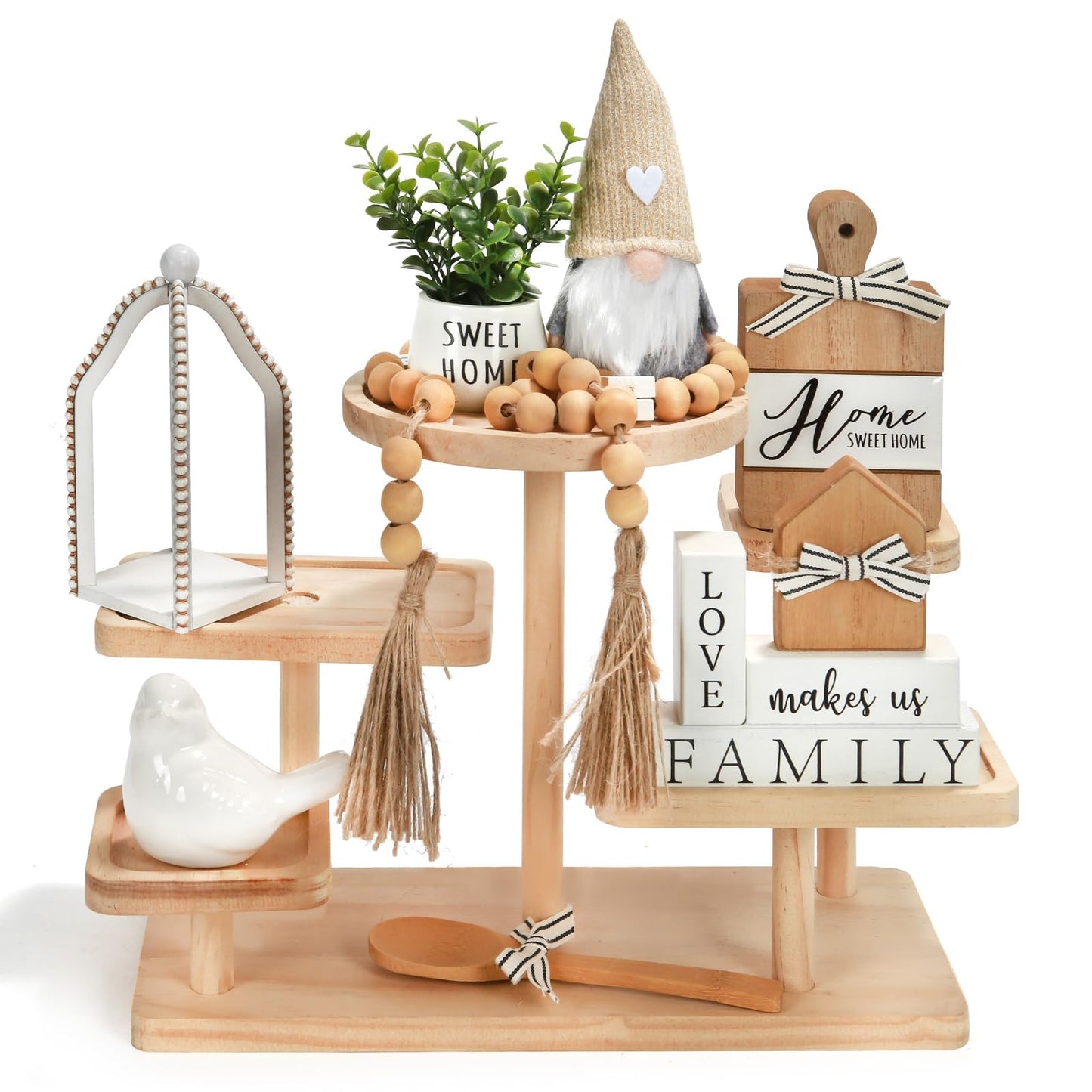 Farmhouse Tiered Tray Decor Set, 8 PCS Rustic Sweet Home Tabletop Decorations with Wooden Signs Lantern Plant Gnome Bead Garland & Bird Accent, Cozy Country Decorations for Home Table Kitchen Island
