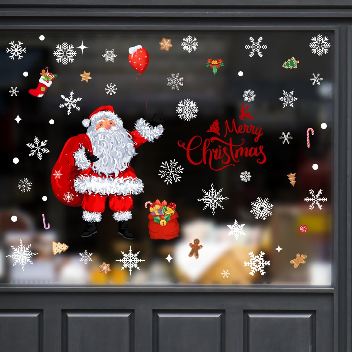 Runtoo Christmas Santa Wall Decals Merry Christmas Snowflake Xmas Ornaments Window Clings Removable DIY Wall Art Holiday Glass Window Sticker Bedroom Door Decor