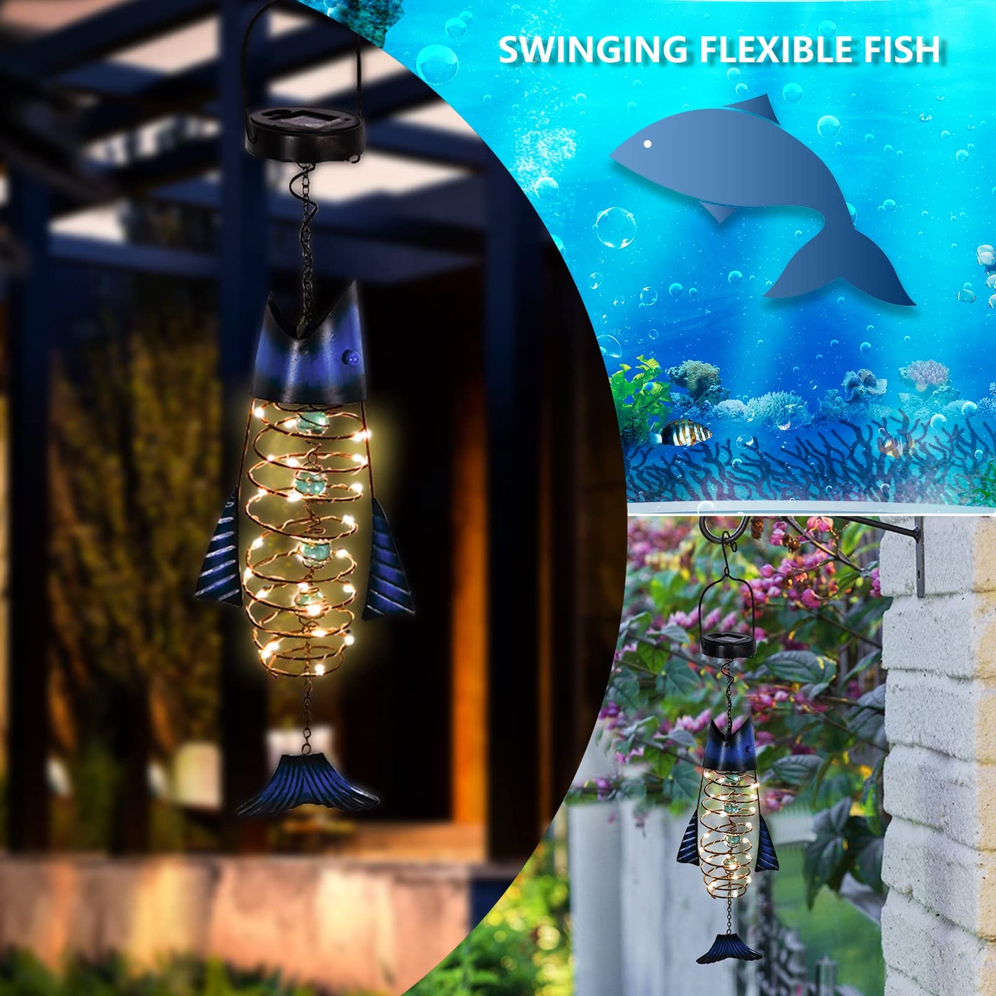 HONGLAND Patio Deals Solar Lanterns Outdoor Waterproof, Fish Lantern Lights, Metal Hanging Garden Decor for Patio & Yard, Gifts for Fishermen, Warm White LED Home Decoration
