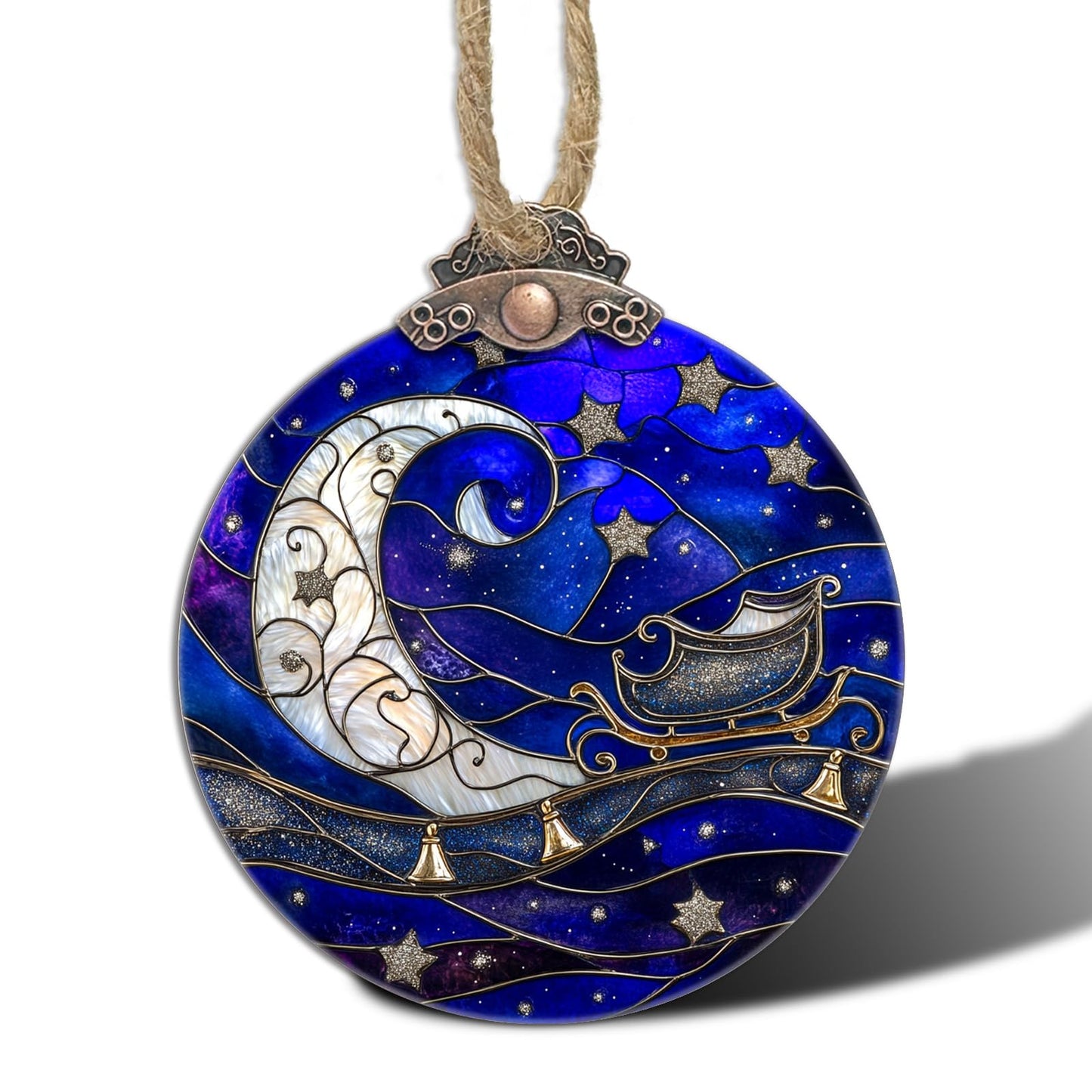 CRISGIF Stained Glass Christmas Decorations, Blue Starry Sky Silver Moon Suncatcher for Window Christmas Tree Hanging Ornaments Bell Sun Catcher Xmas Decor Gifts for Women Men Mom Nana Friend