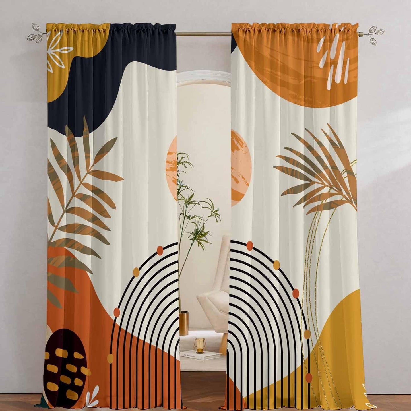 GOLDLAWN Boho Mid Century Abstract Leaves Curtains 52X84Inch Rainbow Living Room Curtain 2Pc Burnt Orange Curtains for Bedroom Modern Geometric Drapes Yellow Plant Colorful Curtain