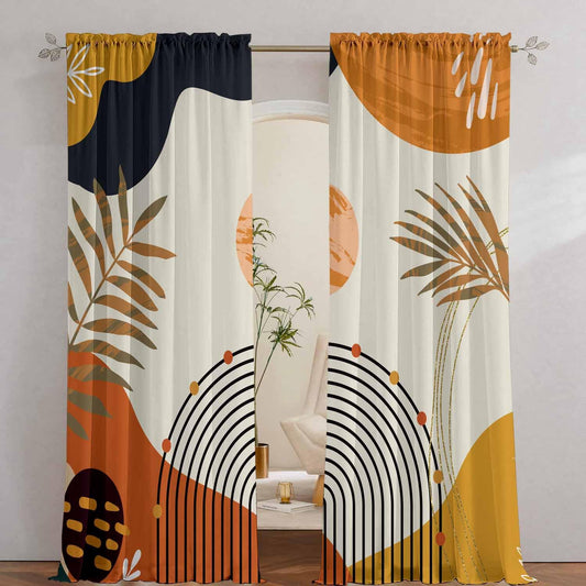 GOLDLAWN Boho Mid Century Abstract Leaves Curtains 52X84Inch Rainbow Living Room Curtain 2Pc Burnt Orange Curtains for Bedroom Modern Geometric Drapes Yellow Plant Colorful Curtain