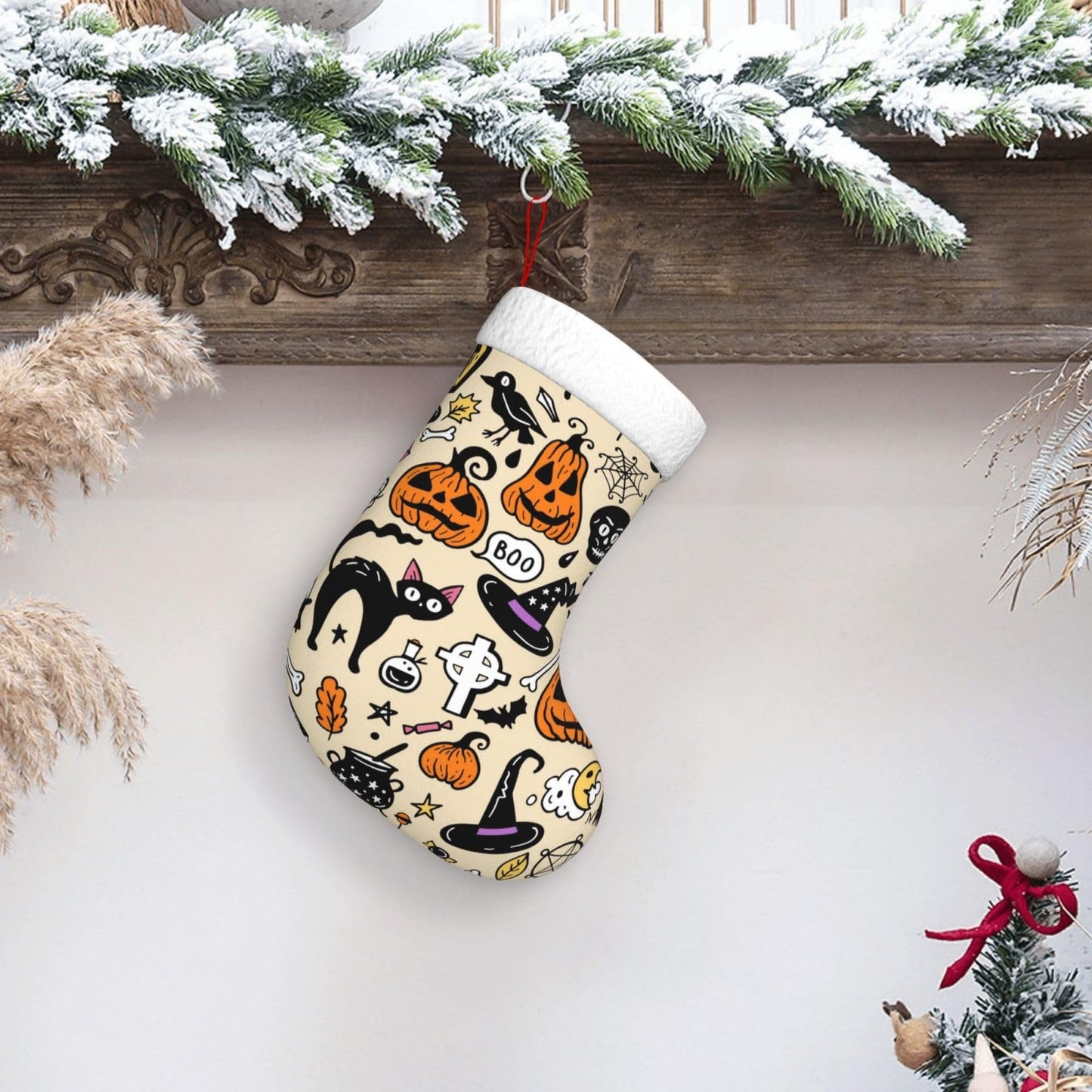 Halloween Cat Pumpkin Christmas Stockings Hanging Decoration Stockings 17.7 Inch Xmas Stockings for Fireplace Family Party Holiday Decor 1PCS