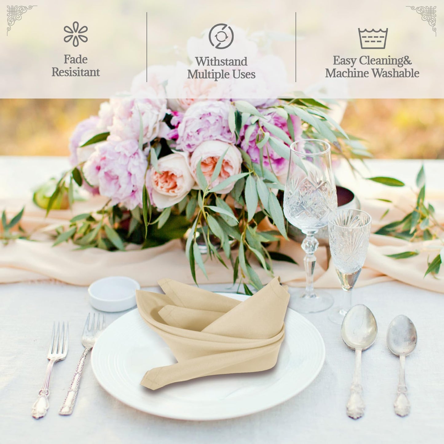PLOYMONO Beige Heavy Duty Polyester Napkins - 17 x 17 Inch Solid Washable Cloth Dinner Napkins - Set of 8 Napkins with Hemmed Edges - Great for Weddings, Parties, Banquets Dinner & More