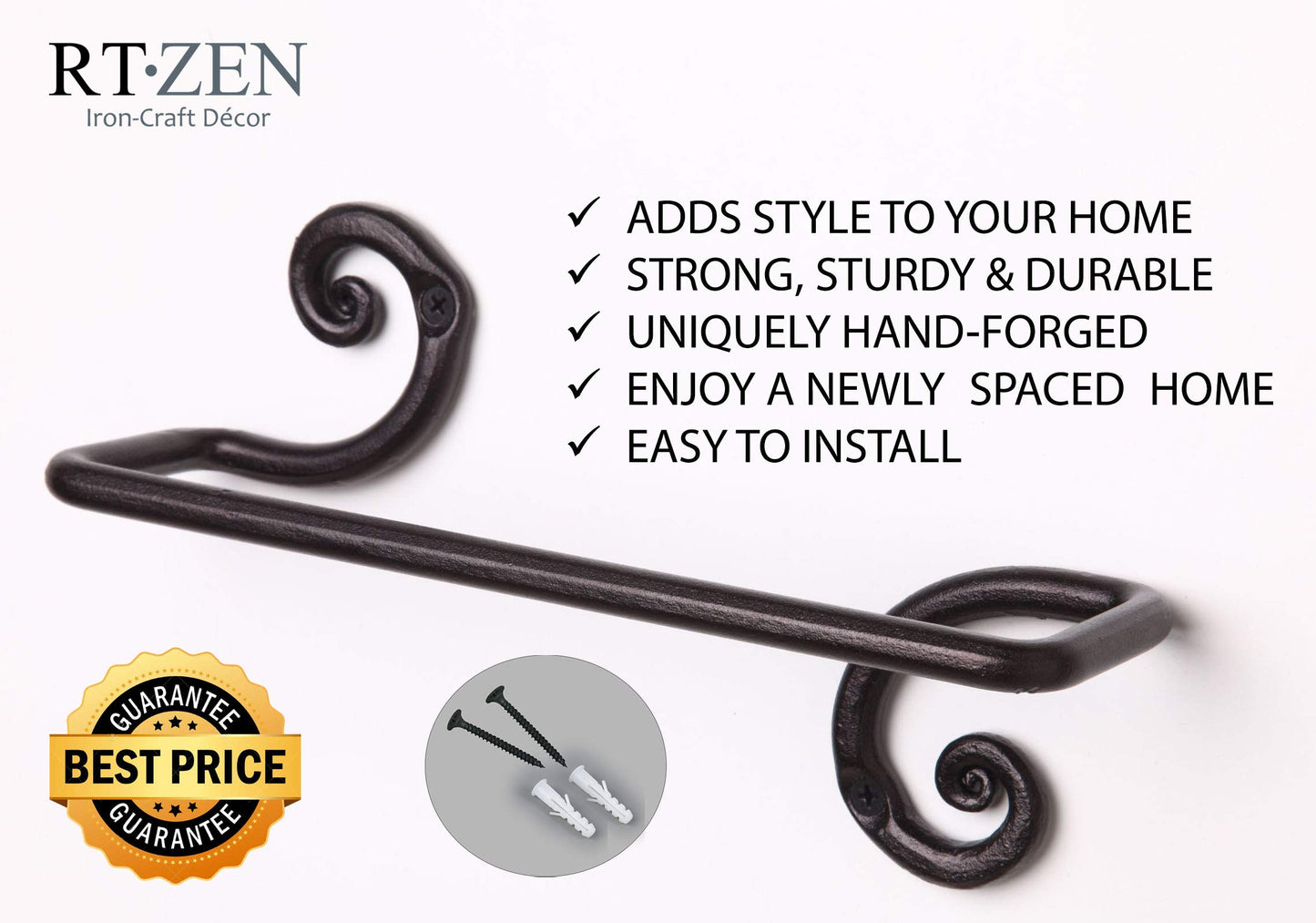 RTZEN Matte Black Hand Towel Holder for Bathroom - Handcrafted Farmhouse Wrought Iron Metal Kitchen Bar - Small Hand Towel Bar Hanger for Home or Office - Wall Mounted Rack Fits 10" Towels
