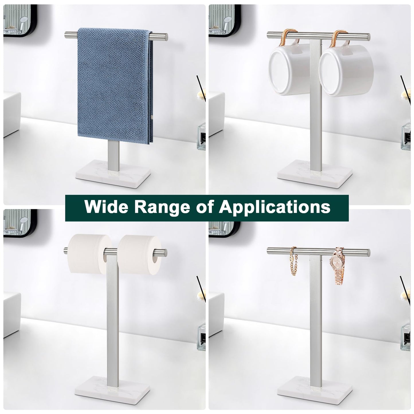 BathAce Hand Towel Holder, T-Shape Hand Towel Stand for Bathroom, Hand Towel Rack Bar Standing for Vanity Kitchen Countertop, 304 Stainless Steel (Marble Base, Brushed)
