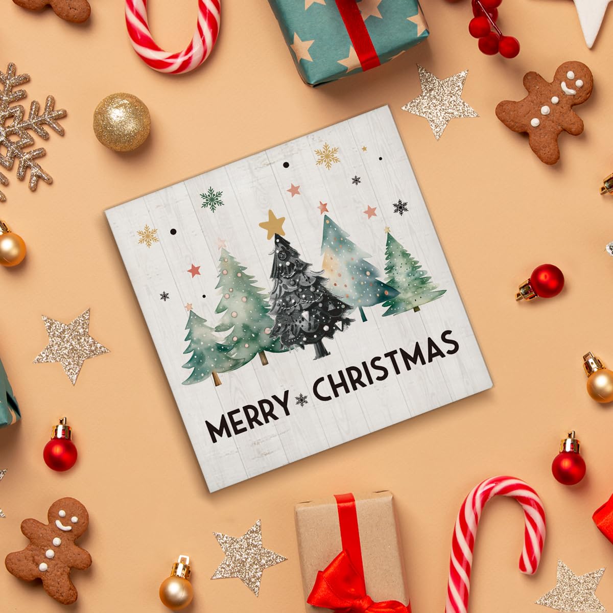 Merry Christmas Decorations - Christmas Tree Decor, Rustic Vacation Wooden Sign, Home Office Decor for Desk Table Shelf 5 X 5 Inches
