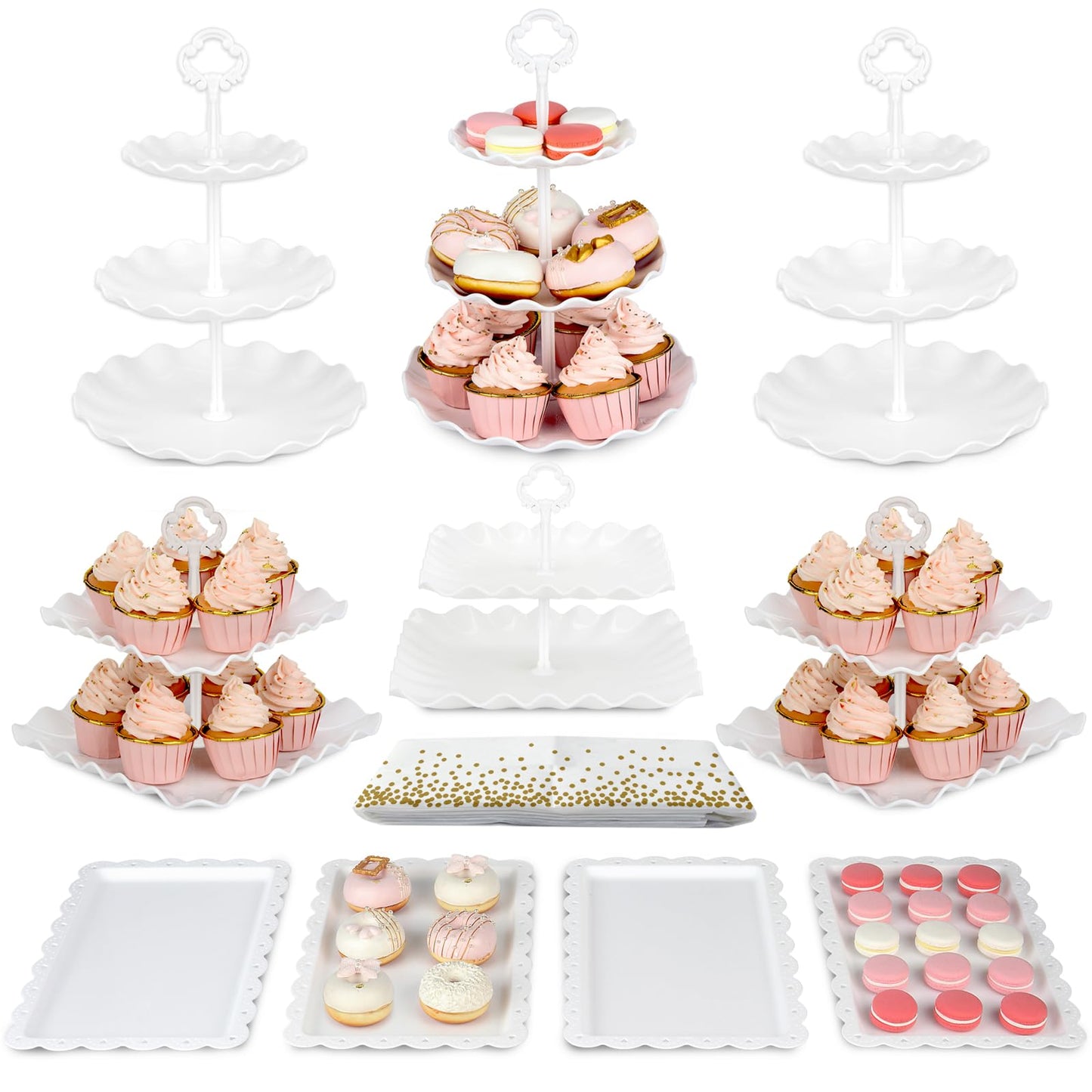 Pack of 10 NWK Cake Stand Set, with 3 x Two-Tier and 3 x Three-Tier Cupcake Stands, 4 x Appetizer Trays, 1 x Tablecloth for Birthday Bridal Baby Shower Party (White)