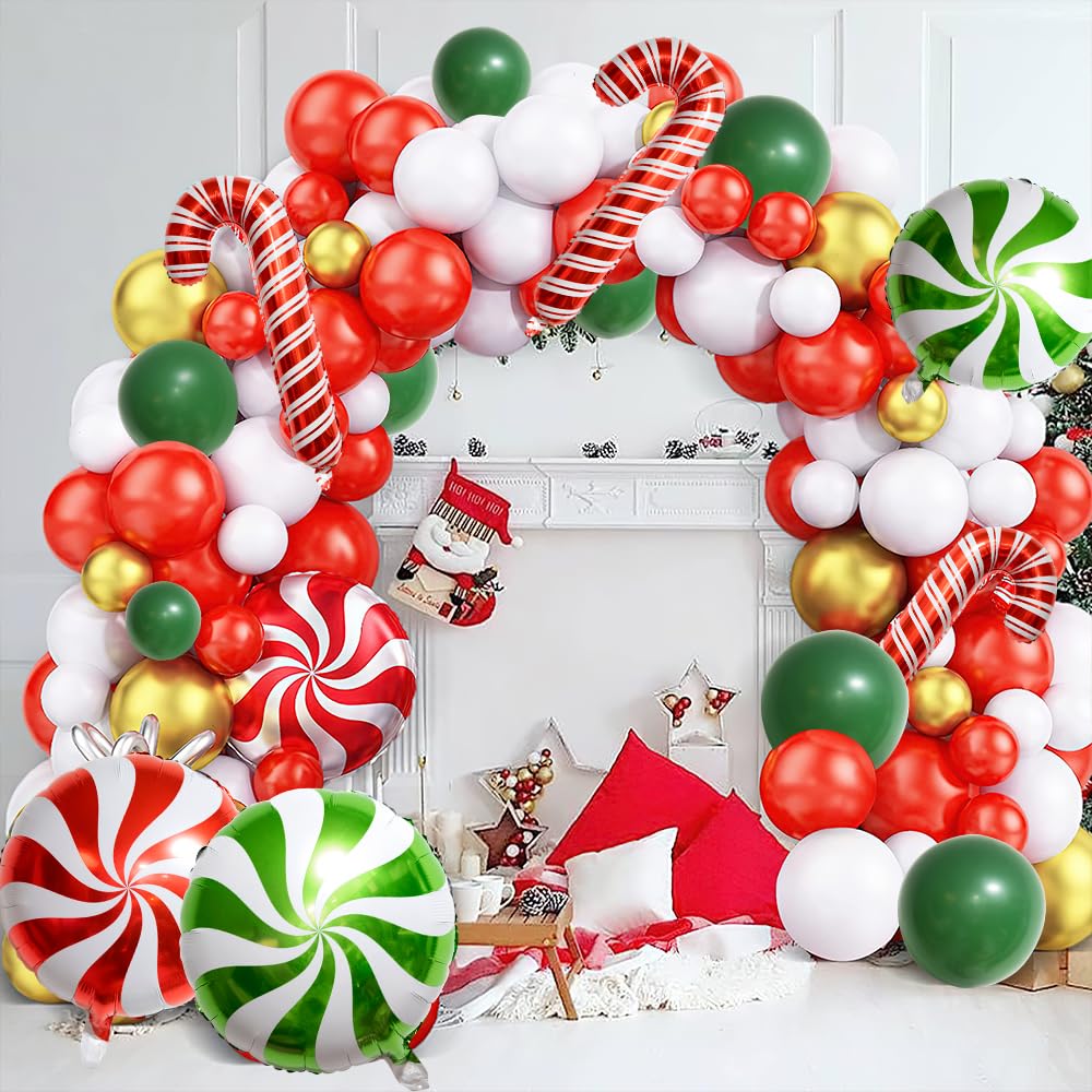 Red Green White Christmas Balloon Garland Arch Kit, Gingerbread Holiday Balloon Arch Kit Xmas Christmas Decorations Balloons Holiday Party Garland Balloons Background Candy Cane Balloon Arch Sets