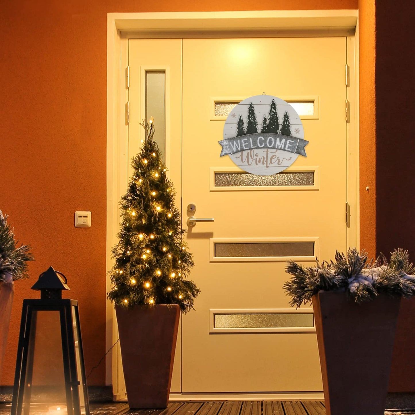 Sfozstra Winter Welcome Sign - Elegant Front Door Decorative Welcome Sign, Hangable Outdoor Decoration, Christmas & Thanksgiving Gift. Iron Door Hanging (White)