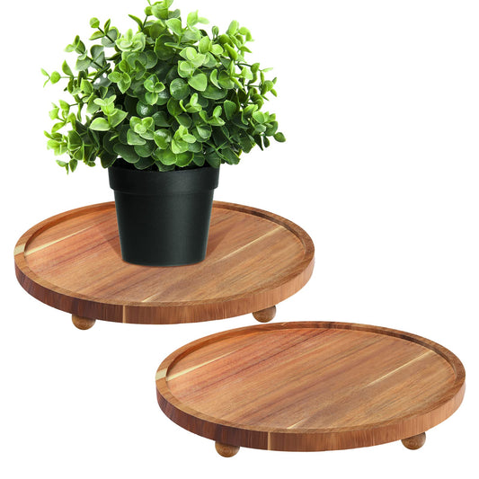 Sieral 2 Pieces Wooden Plant Riser Stands Wood Pedestal Round Acacia Wood Soap Stand Farmhouse Wooden Plant Tray for Indoor Outdoor Home, Garden Patio Decorative, 9.8 Inch Diameter