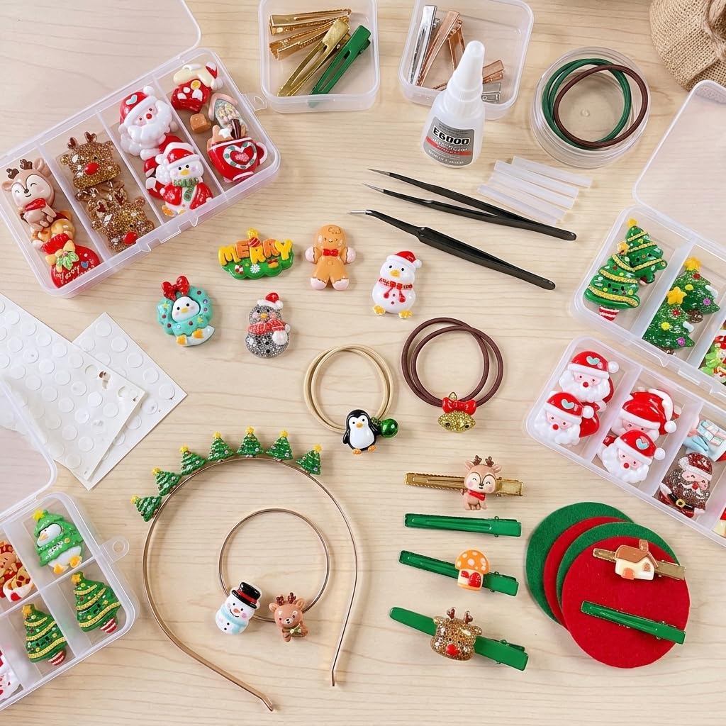 Christmas Resin Embellishments, 40 Pieces Assorted Styles Xmas Tree Santa Claus Snowman Gift Box Design Resin Flatbacks for DIY Crafting, Phone Case,Scrapbooking (Red)