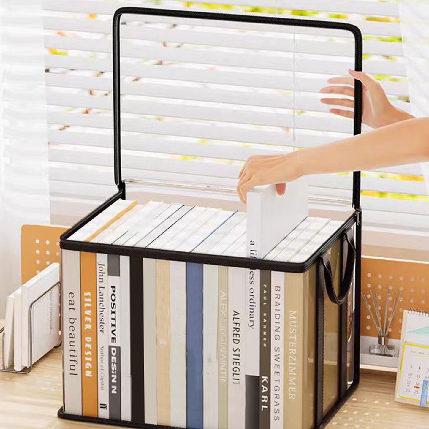 kebit 2 pcs Transparent PVC Book Storage Box, Foldable with Handle, Large Capacity Student or Office Book Organizer