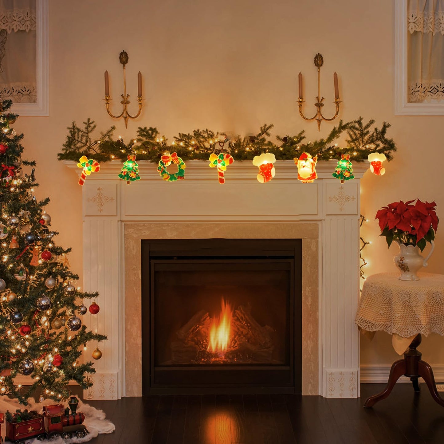 Christmas Lights Decorations,Christmas Fairy String Lights,20 LED Xmas Warm White Light Hanging Decors with Santa Claus Wreath Tree Snowman Candy Cane Hat Stockings Indoor Window Lights for Party Home