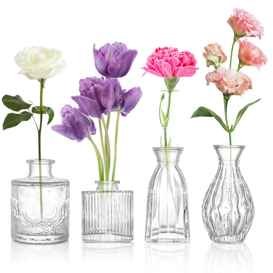 ODDMUCK Glass Bud Vase Clear Bud Vases Set of 4 for Centerpieces, Vintage Glass Flower Vases in Bulk Suitable for Weddings, Parties or Home Decoration