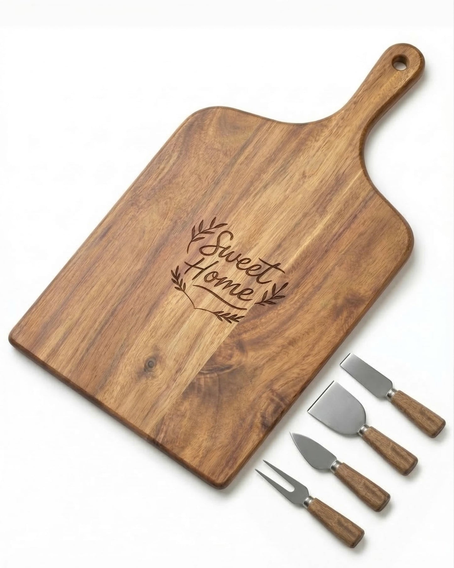 GleeNflux Charcuterie Board Set, Acacia Wood Cheese Board with 4 Cheese Knives, Engraved Serving Tray with Handle – Cutting Board for Kitchen & Entertaining, Housewarming Gift