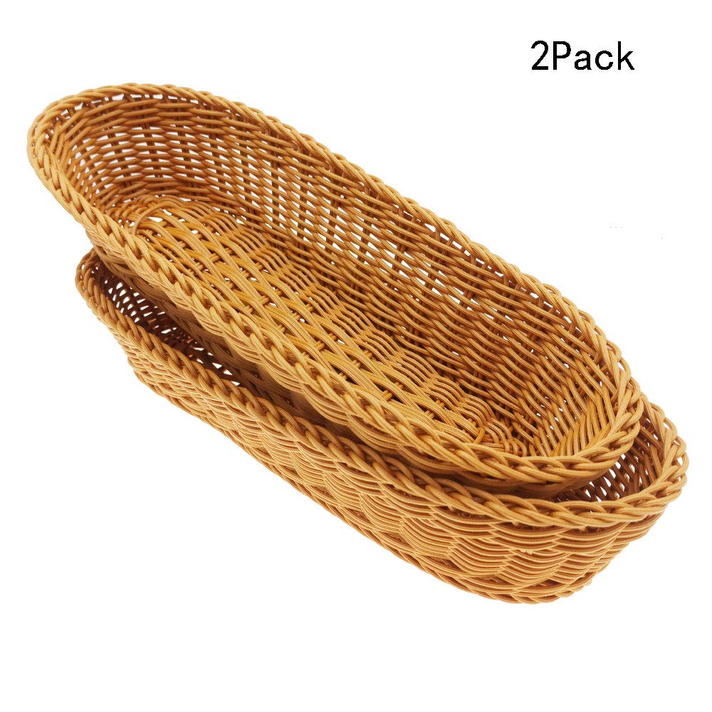 Teng Lang 14"Poly-Wicker Bread Basket, Handwoven Woven Tabletop Food Fruit Vegetables Serving, Restaurant Serving Basket,Brown(2 Pcs)