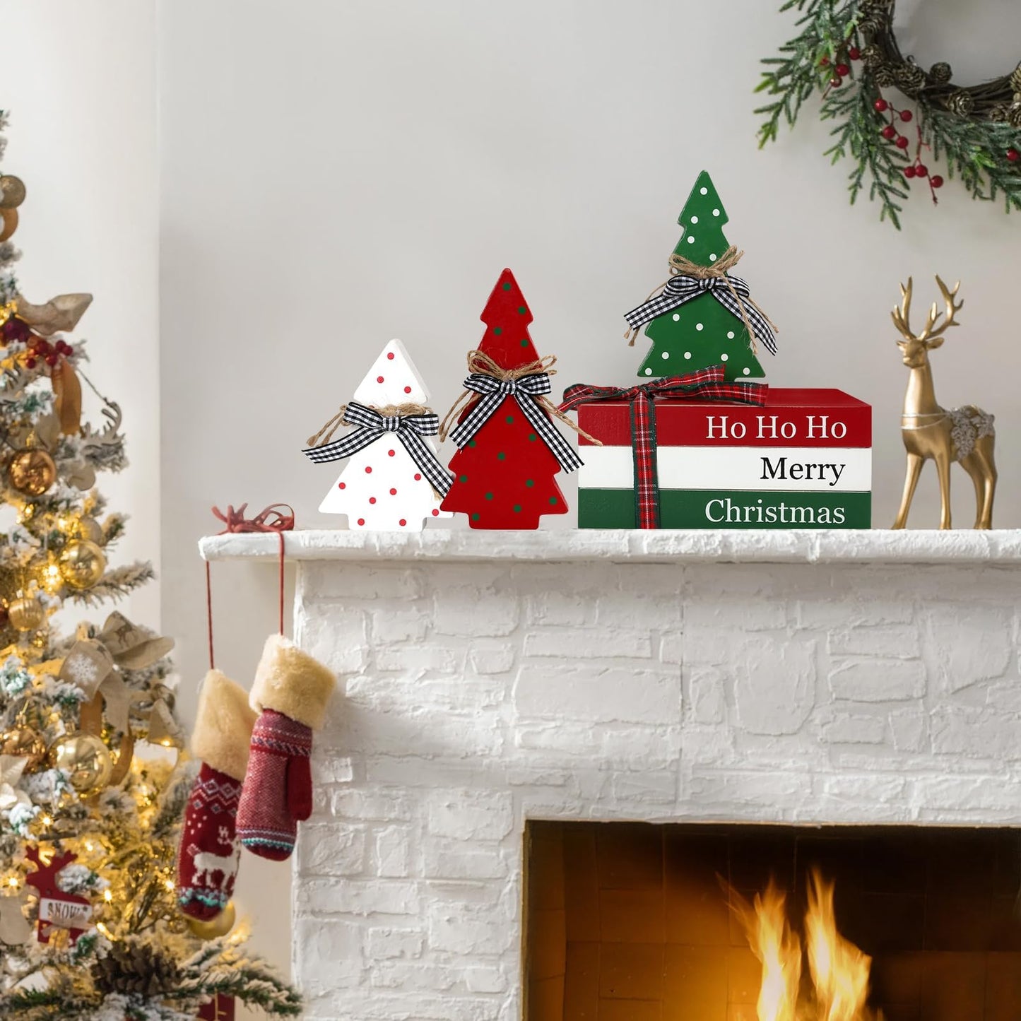 Christmas Decoration 6PCS Table Centerpieces, Tabletop Christmas Decor for Tiered Tray Shelf Mantel Fireplace Coffee Bar Office Desk Farmhouse Xmas Holiday Decoration Wood Faux Book and Tree Sign