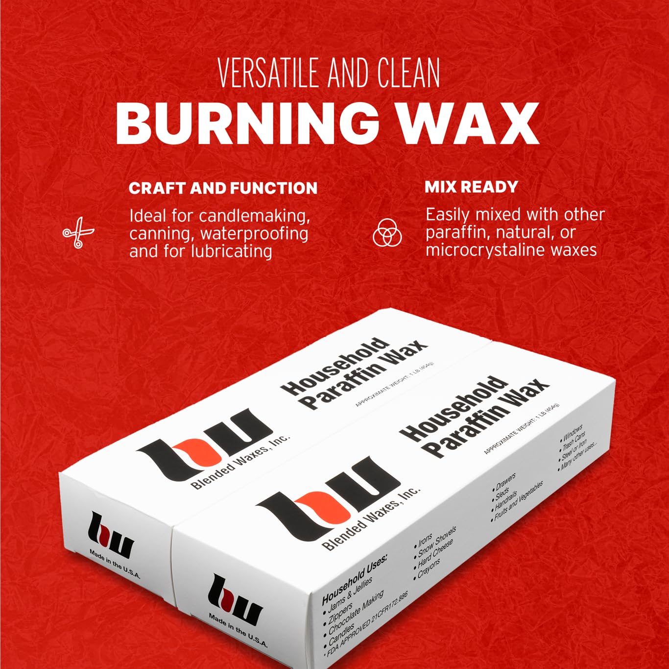 Blended Waxes, Inc. Paraffin Wax Blocks, Household Paraffin Wax for Candle Making, Canning, Waterproofing, Metal Preservation, and a Variety of Other Applications, 1lb Blocks - Pack of 2