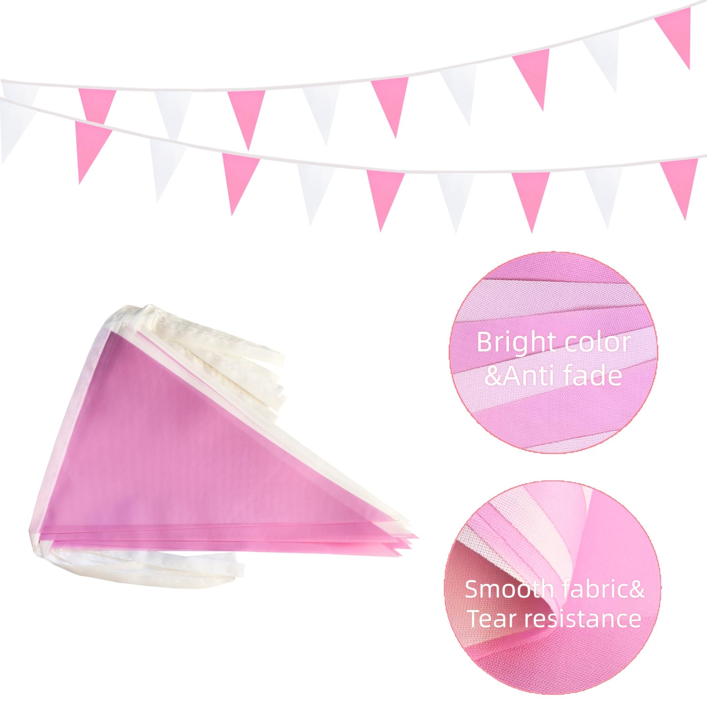 Rotenl 50 Feet 30 Pcs Pink and White Pennant Banner Flags String Hanging Triangle DIY Flags, Bunting Streamers Decorations for Grand Opening, Birthday, Wedding, Party Celebration (1)