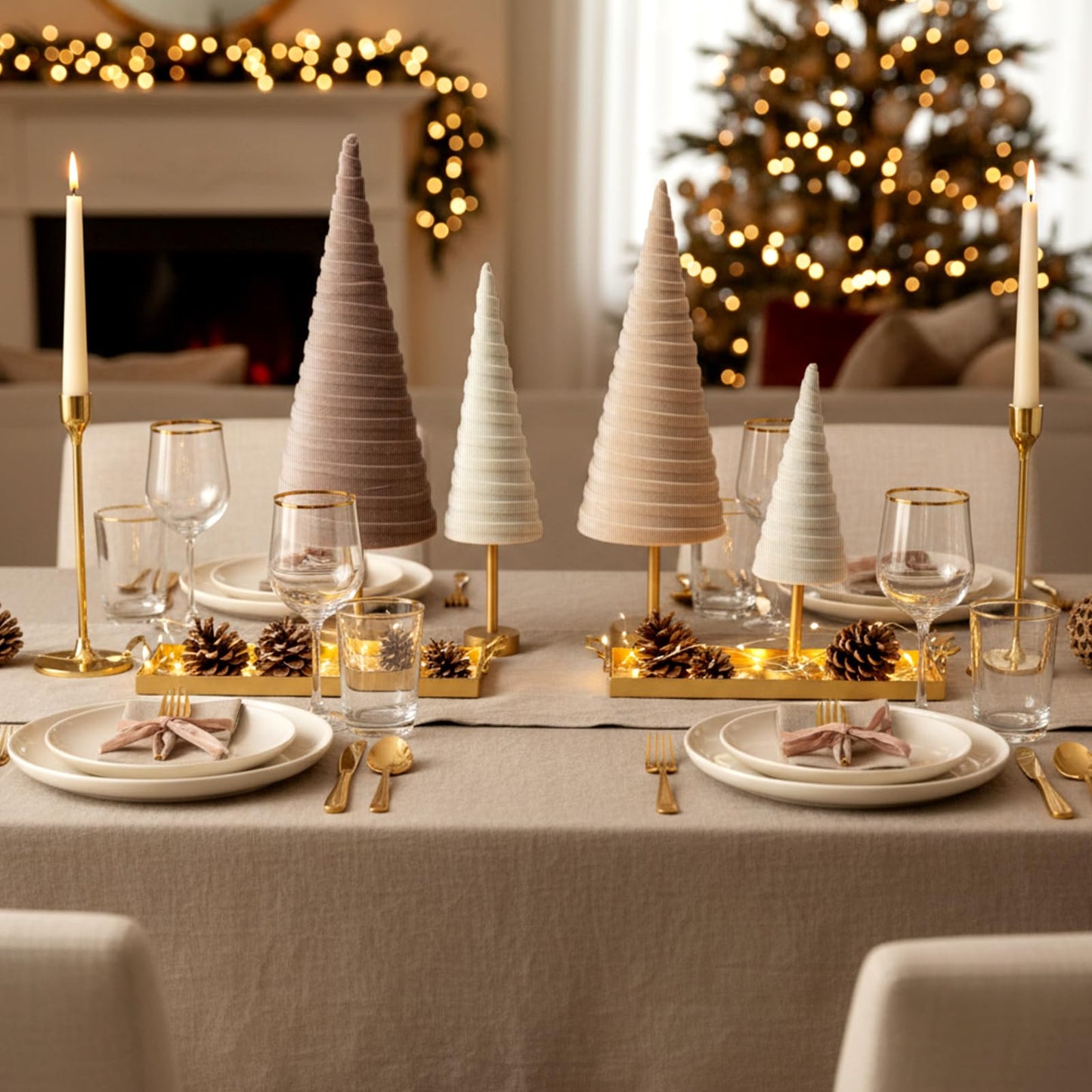 Hoolerry 4 Pcs Christmas Velvet Trees with Gold Pedestal Modern Rustic Christmas Velvet Cone Trees Minimalist for Mantel Table Centerpiece Entryway Home Winter Holiday Wedding Decor(Nude Tone)