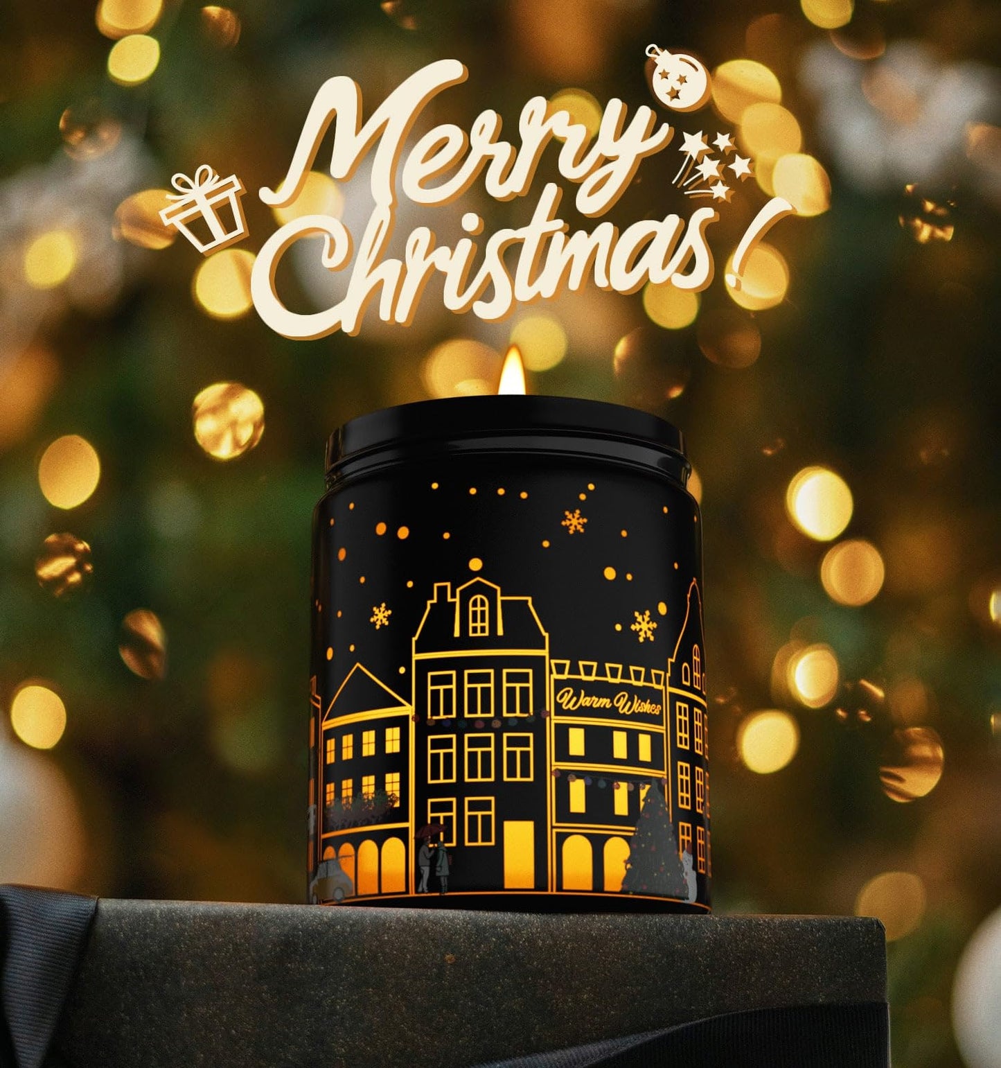 Merry Christmas Candles with Warmer LED, Christmas Decor Gifts Winter Candle with Apple Spice Scent, Apple Candles Over 40 Hours Burn Time, Home Decorations Indoor, 100% Soy Wax,Black
