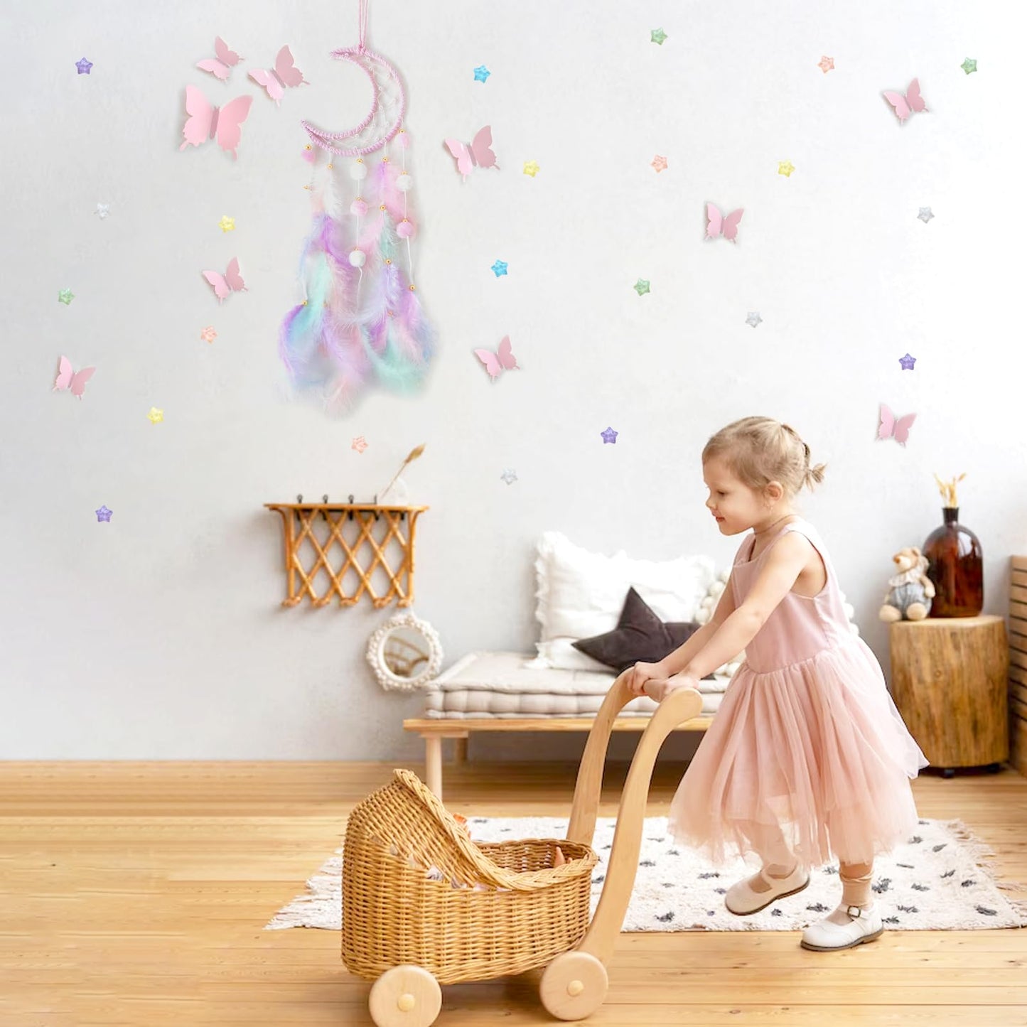 Fun-Plus Pink Dream Catcher Wall Hanging Set - 10 Butterflies & 16 Stars, Boho Room Decor for Girls, Easy Peel & Stick Wall Art for Bedroom, Nursery, Teen Room for Daughter, Birthday, Christmas