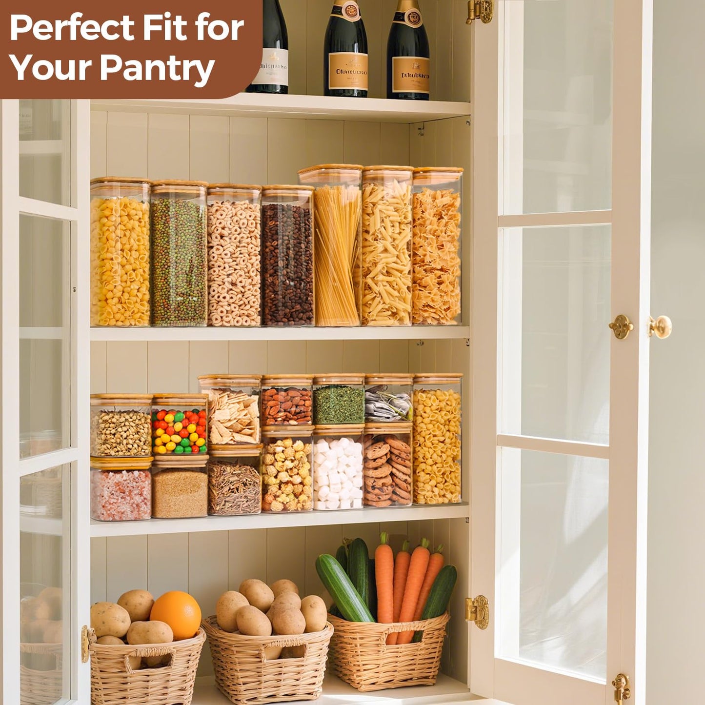 ComSaf Glass Storage Containers with Lids, 1.2 Qt Glass Jars with Lids, Clear Food Storage Jar, Canister For Pantry Cookie Flour Cereal Rice Sugar Tea Coffee Beans Spice, Square Set of 4