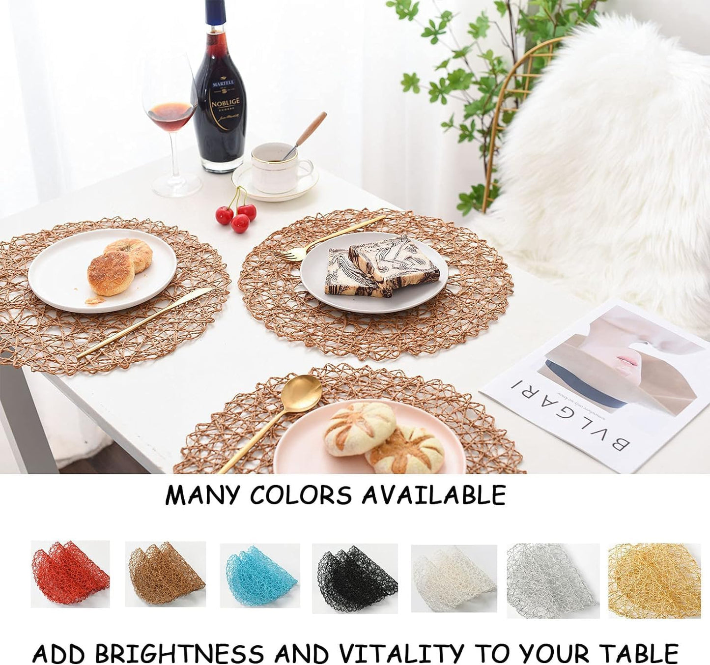 IcosaMro Brown Round Placemats Set of 12 for Dining Table, 13 Inches Paper Woven Boho Small Decorative Circle Place Mat for Wedding Christmas Thanksgiving Day Holiday Dinner, Light Coffee Brown