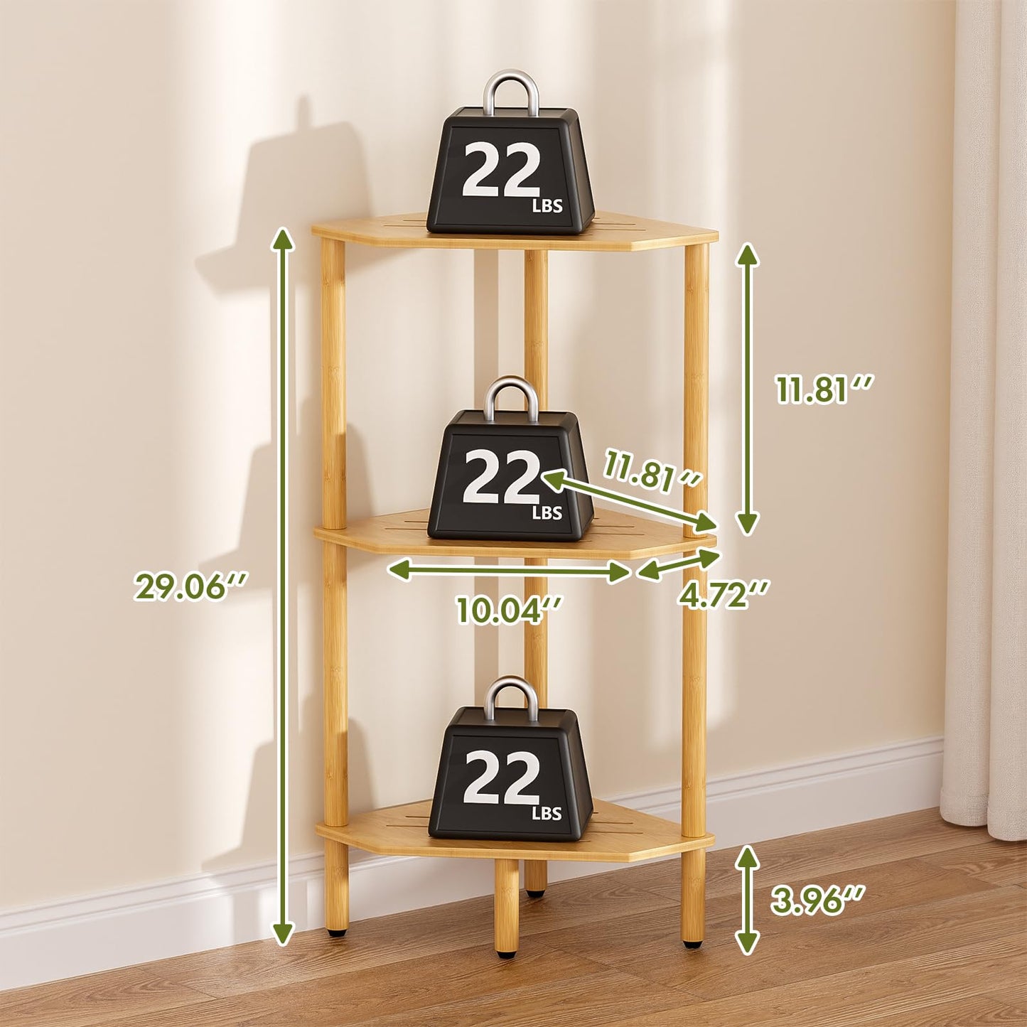 Atoping 3 Tier Bamboo Corner Shelf, Storage Stand with Adjustable Feet, Small Space Corner Bookcase, Outdoor Plant Stand, Space-Saving Organizer for Bathroom Kitchen Living Room