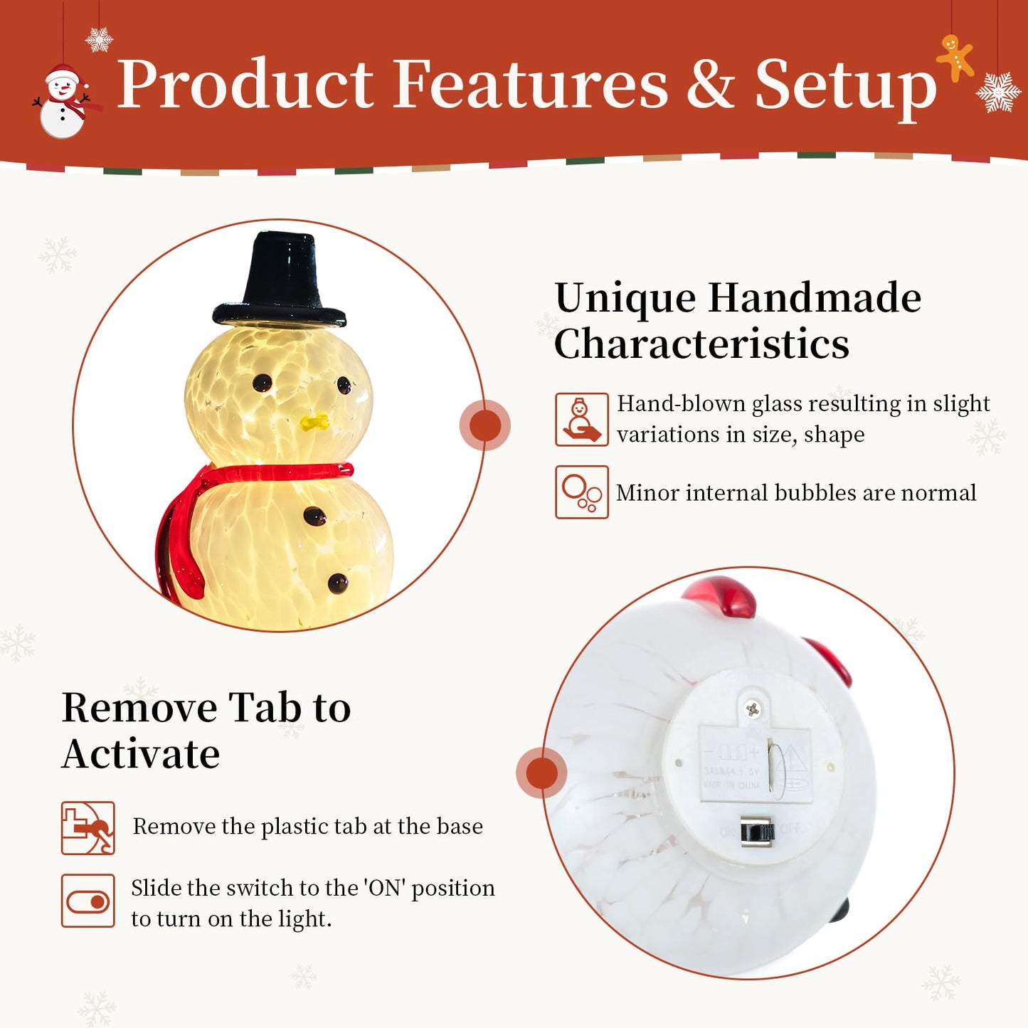 Glasseam Snowman Figurines Christmas Decorations: 2Pcs Cute Glass Light up Snowman Ornaments - LED Christmas Figurines Battery Operated Xmas Decor Gifts for Winter Holiday Home Table Window Fireplace